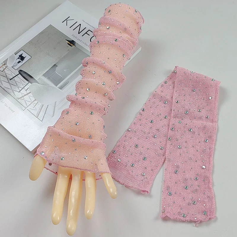 Sexy Wedding Bride Party Dress Dance Hot Drill Fingerless Sun Fishing Net Sleeve Glove Women Mesh Lace Rhinestone Mitten
