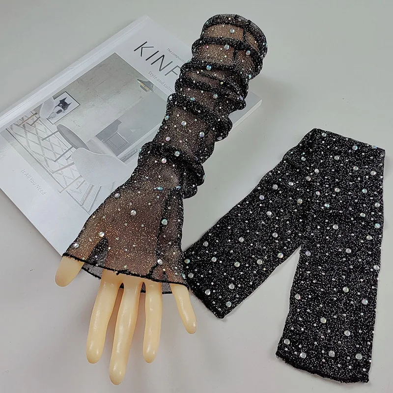 Sexy Wedding Bride Party Dress Dance Hot Drill Fingerless Sun Fishing Net Sleeve Glove Women Mesh Lace Rhinestone Mitten
