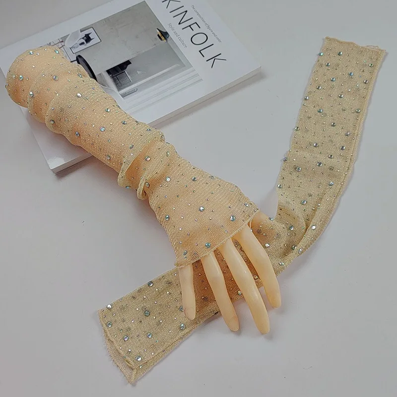Sexy Wedding Bride Party Dress Dance Hot Drill Fingerless Sun Fishing Net Sleeve Glove Women Mesh Lace Rhinestone Mitten