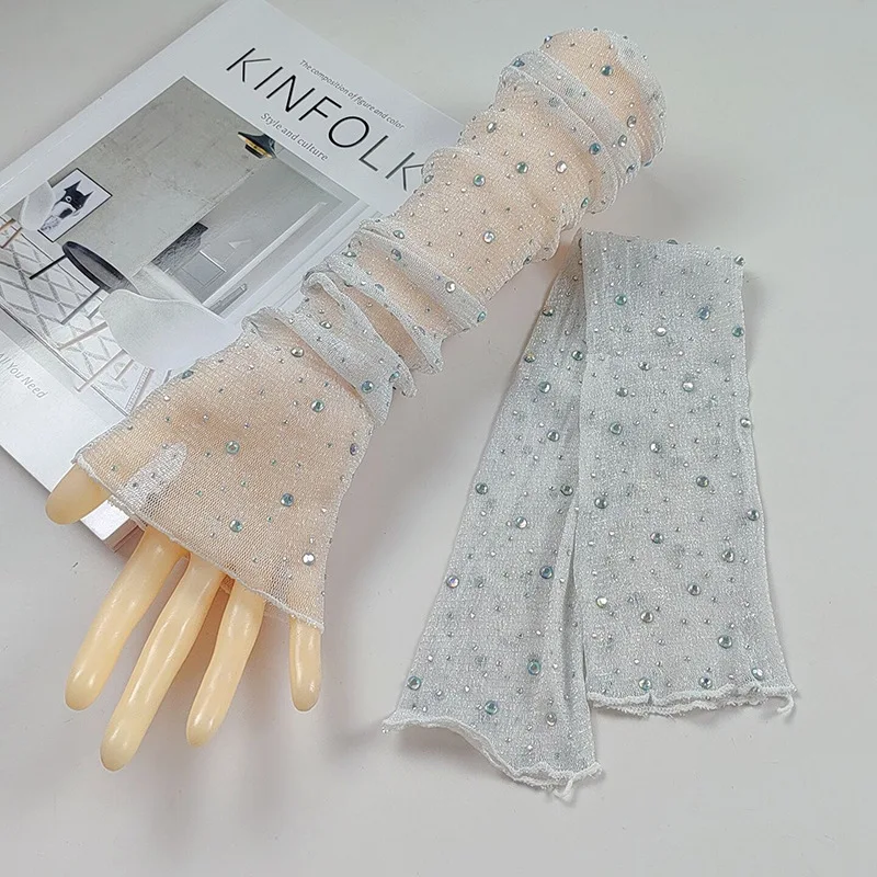 Sexy Wedding Bride Party Dress Dance Hot Drill Fingerless Sun Fishing Net Sleeve Glove Women Mesh Lace Rhinestone Mitten