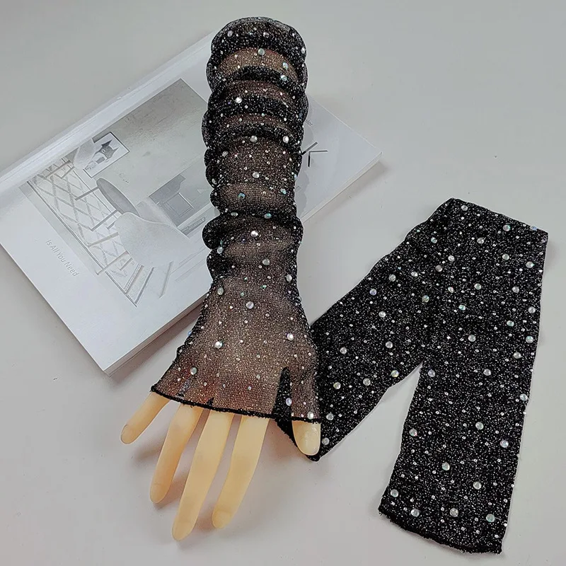 Sexy Wedding Bride Party Dress Dance Hot Drill Fingerless Sun Fishing Net Sleeve Glove Women Mesh Lace Rhinestone Mitten