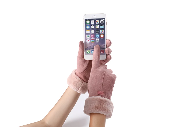 New Winter Female Lace Warm Cashmere Three Ribs Cute Bear Mittens Double thick Plush Wrist Women Touch Screen Driving Gloves 81C