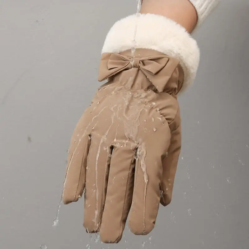 Ski Gloves Women Winter Fleece Thickened Warm Plush Cotton Waterproof Touch-Screen Gloves For Outdoor Riding Mountaineering