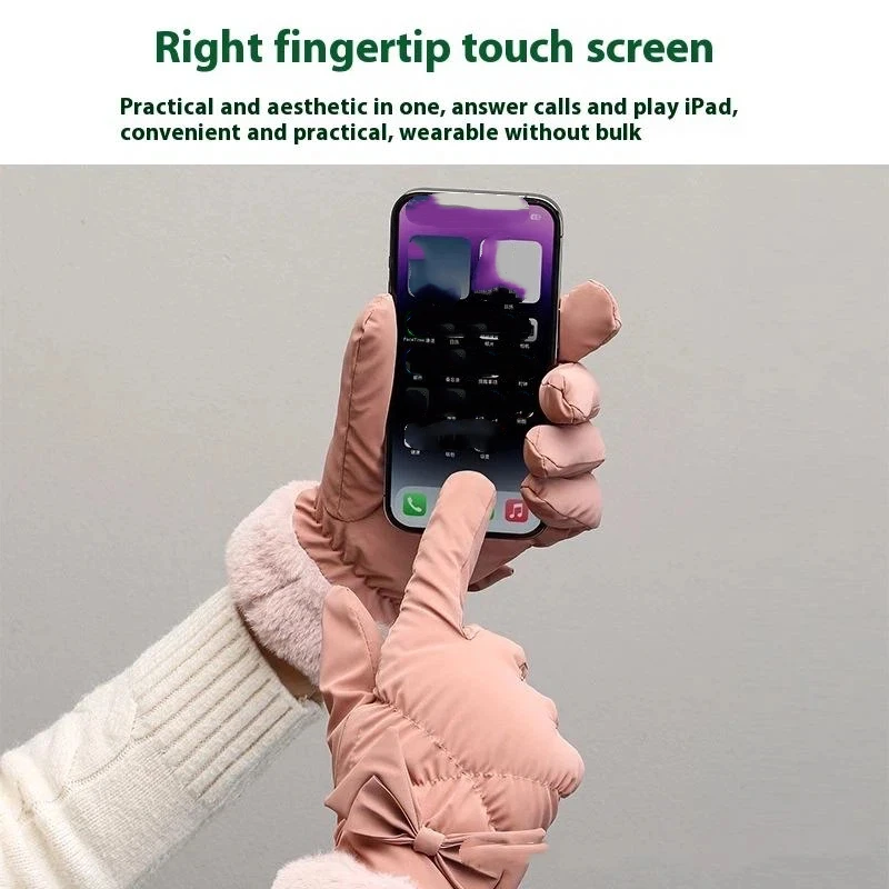 Ski Gloves Women Winter Fleece Thickened Warm Plush Cotton Waterproof Touch-Screen Gloves For Outdoor Riding Mountaineering