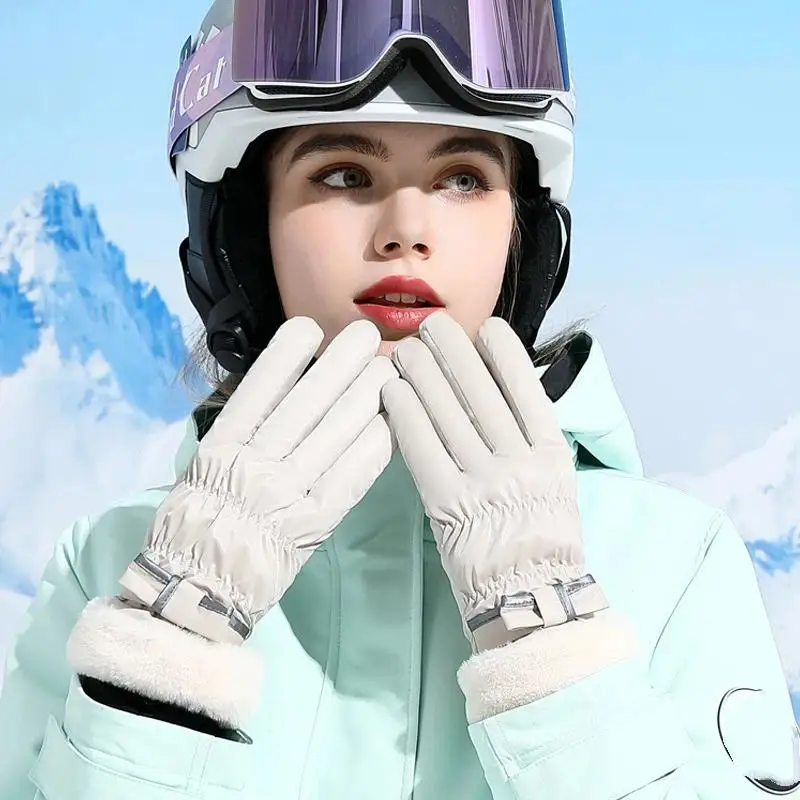 Ski Gloves Women Winter Fleece Thickened Warm Plush Cotton Waterproof Touch-Screen Gloves For Outdoor Riding Mountaineering