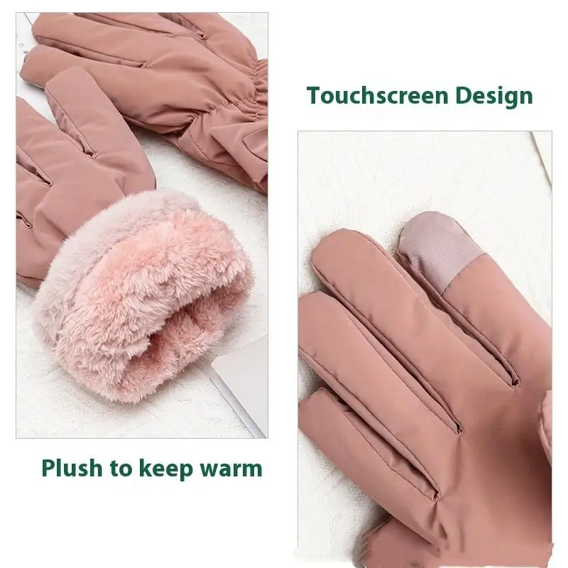 Ski Gloves Women Winter Fleece Thickened Warm Plush Cotton Waterproof Touch-Screen Gloves For Outdoor Riding Mountaineering