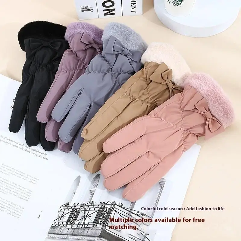 Ski Gloves Women Winter Fleece Thickened Warm Plush Cotton Waterproof Touch-Screen Gloves For Outdoor Riding Mountaineering