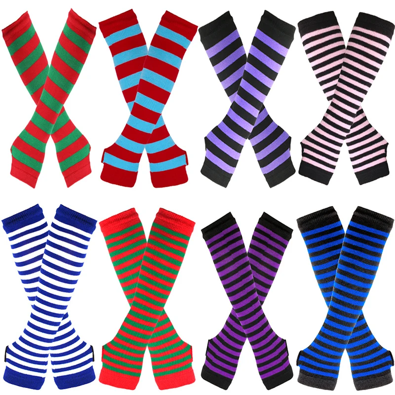 Punk Long Sleeves Fingerless Gloves Cuff for Women Men Stripe Hip-Hop Knitted Elbow Mittens Elastic Winter Arm Warmer Outdoor