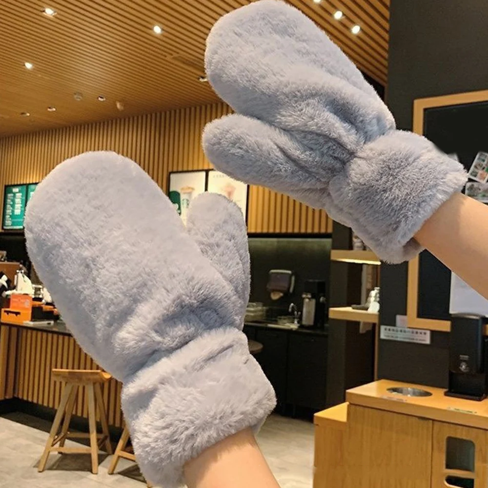 Thicken Plush Soft Winter Fingerless Gloves Women WarmFur Fuzzy Mittens Cold Protection Velvet lining Outdoor Fluffy Gloves