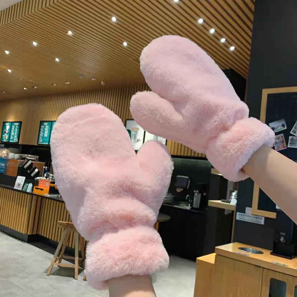 Thicken Plush Soft Winter Fingerless Gloves Women WarmFur Fuzzy Mittens Cold Protection Velvet lining Outdoor Fluffy Gloves