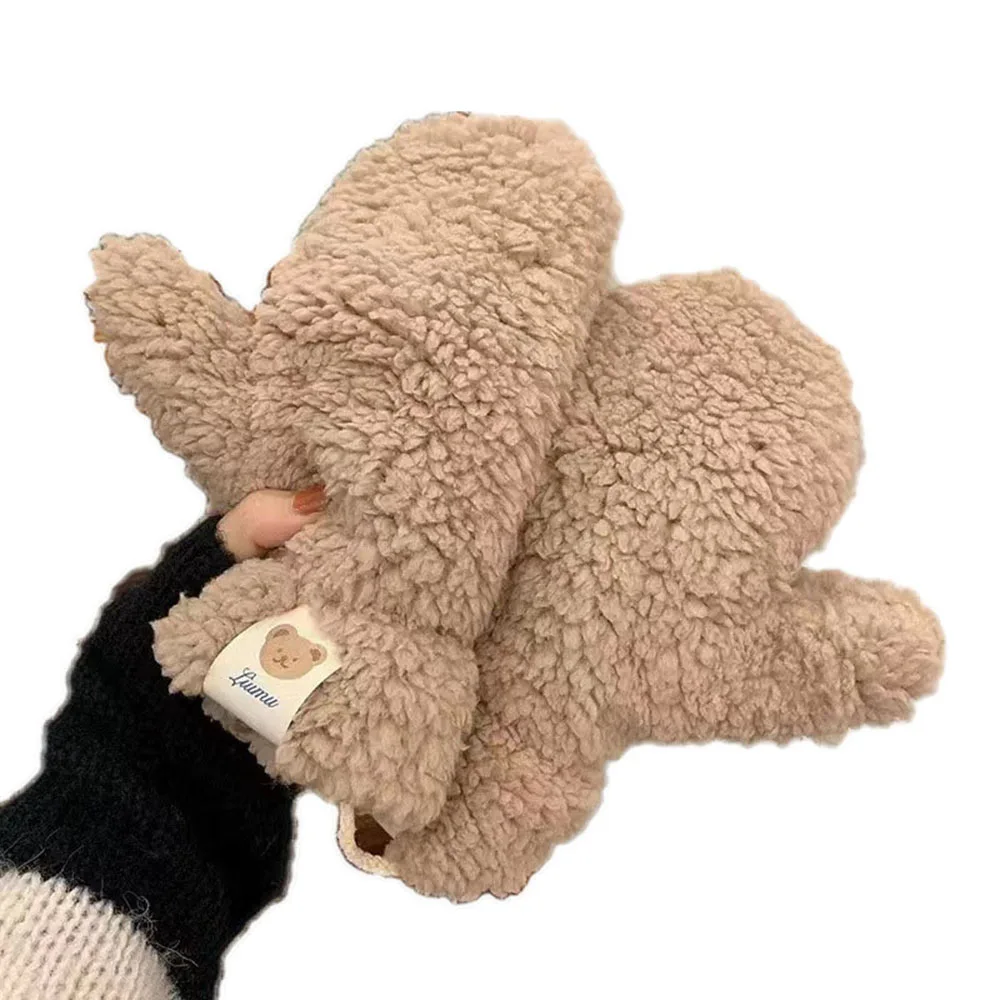 Lambhair Plush Gloves Women Girls Winter Cute Bears Fur Halterneck Gloves Soft Thicken Full Finger Riding Mittens Keep Warm