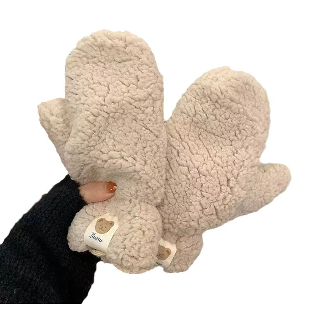 Lambhair Plush Gloves Women Girls Winter Cute Bears Fur Halterneck Gloves Soft Thicken Full Finger Riding Mittens Keep Warm
