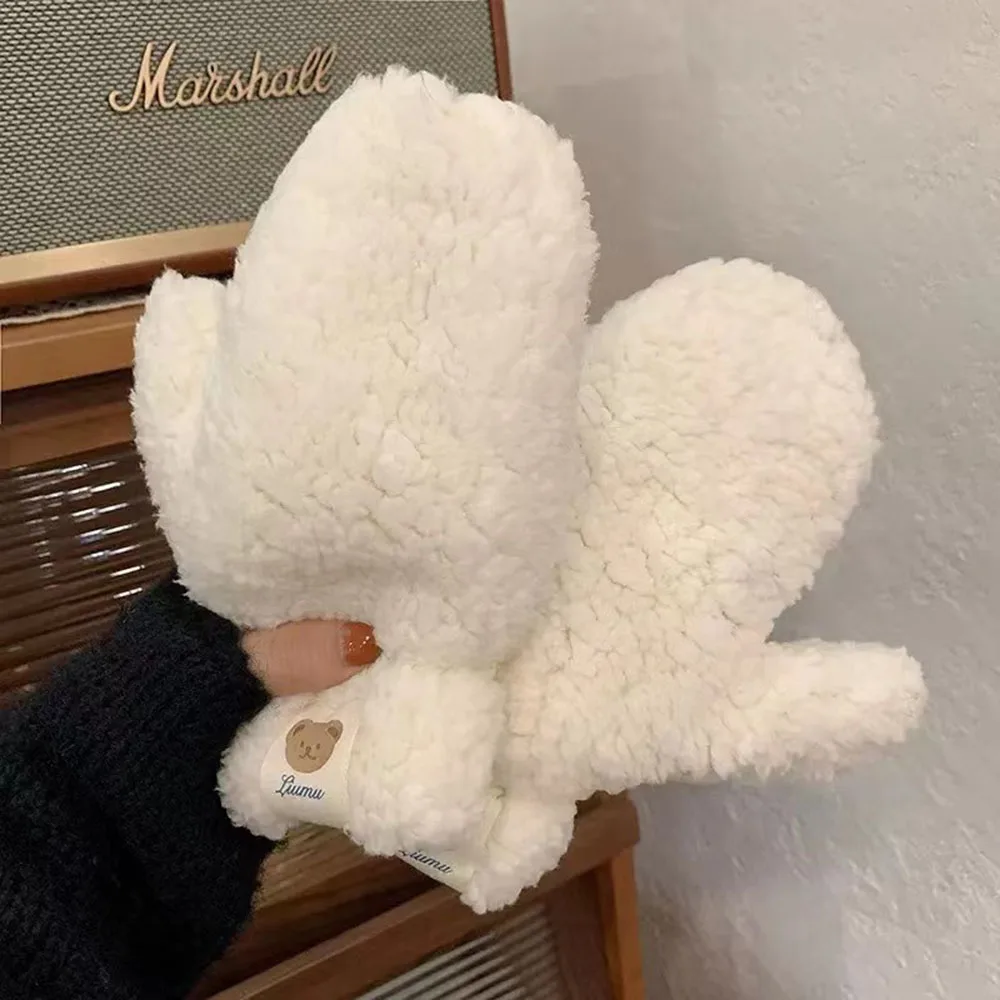 Lambhair Plush Gloves Women Girls Winter Cute Bears Fur Halterneck Gloves Soft Thicken Full Finger Riding Mittens Keep Warm