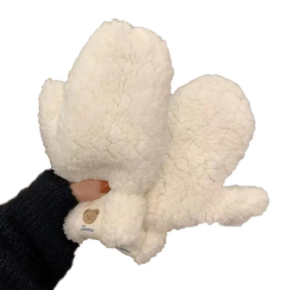 Lambhair Plush Gloves Women Girls Winter Cute Bears Fur Halterneck Gloves Soft Thicken Full Finger Riding Mittens Keep Warm