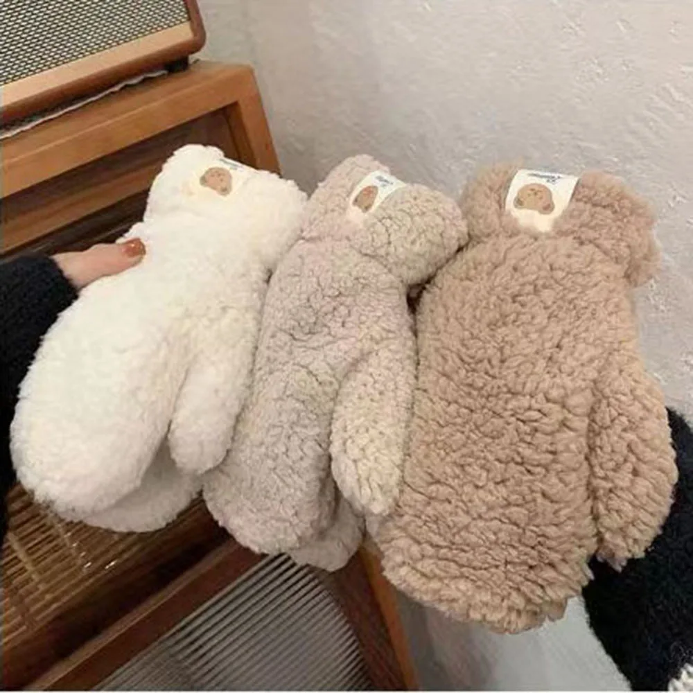 Lambhair Plush Gloves Women Girls Winter Cute Bears Fur Halterneck Gloves Soft Thicken Full Finger Riding Mittens Keep Warm