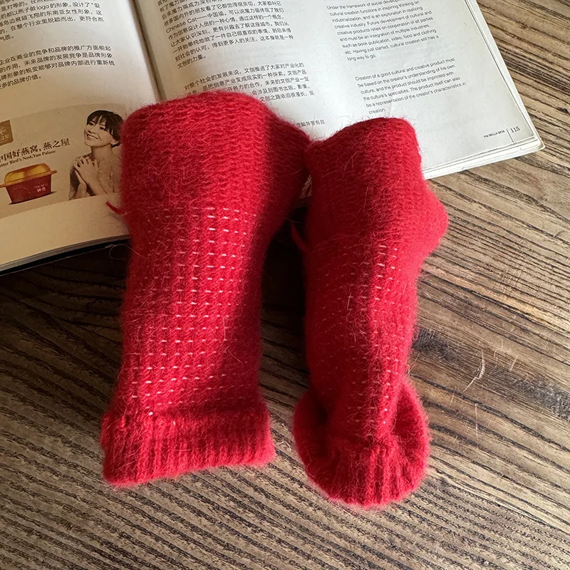 27cm Women Winter Keep Warm Fashion Elegant Solid Simple Style Gloves Elasticity Windproof Soft Knitted Yarn Mittens