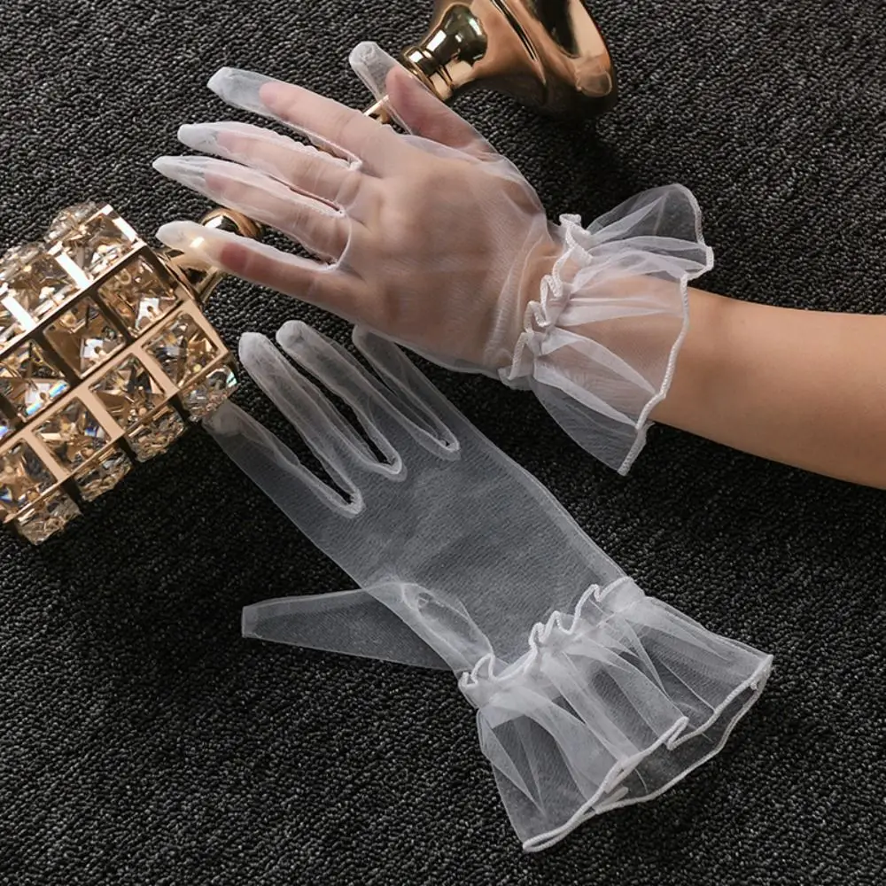 Elastic Transparent Women Tulle Gloves Ultra Thin Short Gauze Lace Gloves Elegant Full Finger Bridal Wedding Women Mesh Gloves