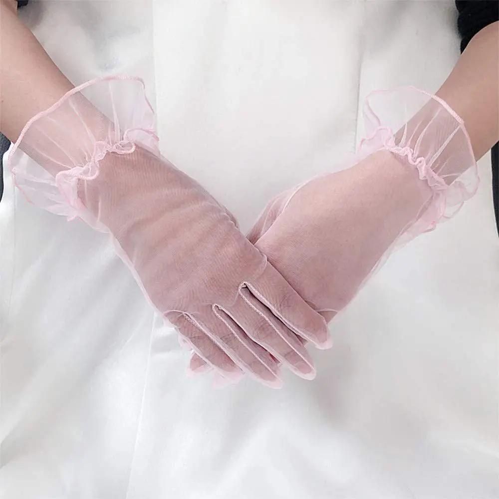 Elastic Transparent Women Tulle Gloves Ultra Thin Short Gauze Lace Gloves Elegant Full Finger Bridal Wedding Women Mesh Gloves