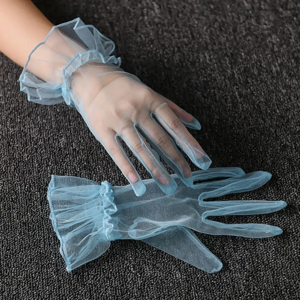 Elastic Transparent Women Tulle Gloves Ultra Thin Short Gauze Lace Gloves Elegant Full Finger Bridal Wedding Women Mesh Gloves