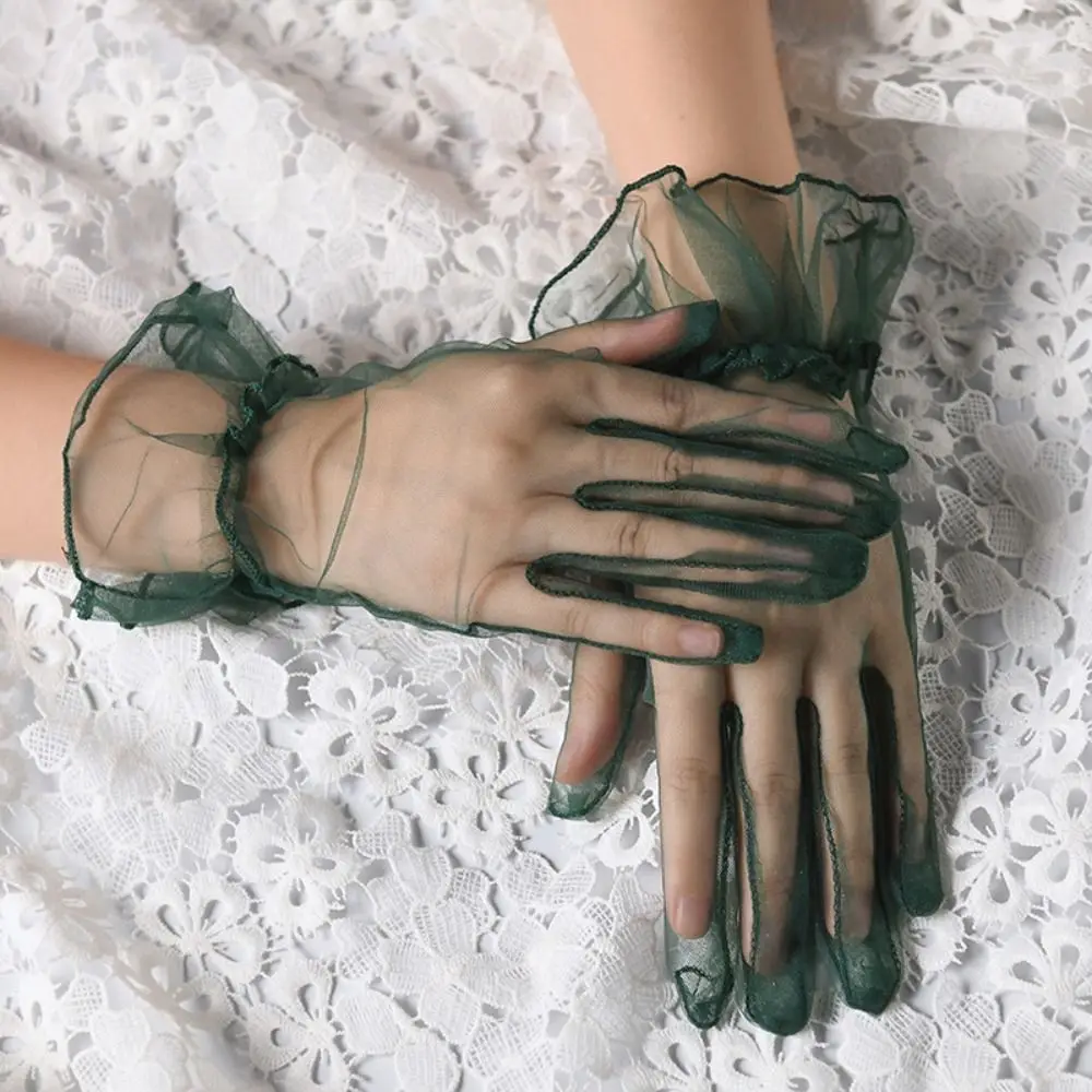 Elastic Transparent Women Tulle Gloves Ultra Thin Short Gauze Lace Gloves Elegant Full Finger Bridal Wedding Women Mesh Gloves
