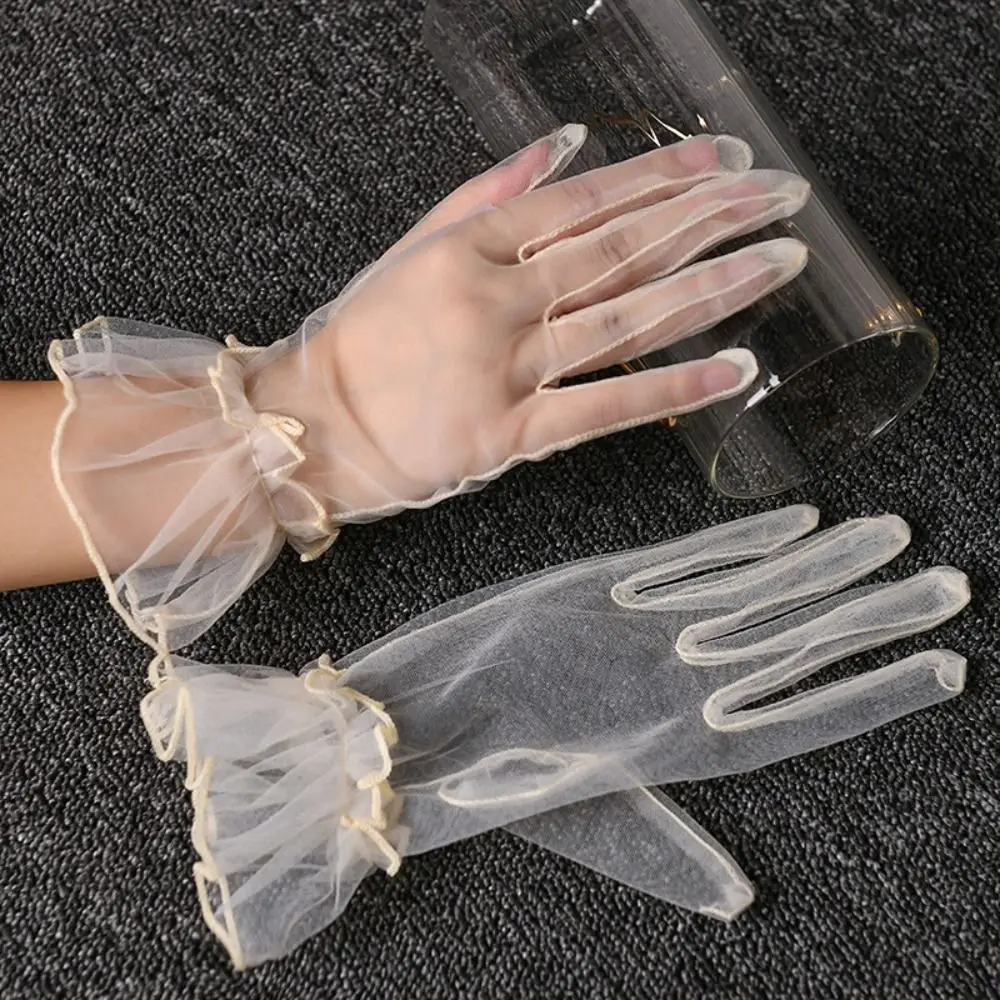 Elastic Transparent Women Tulle Gloves Ultra Thin Short Gauze Lace Gloves Elegant Full Finger Bridal Wedding Women Mesh Gloves