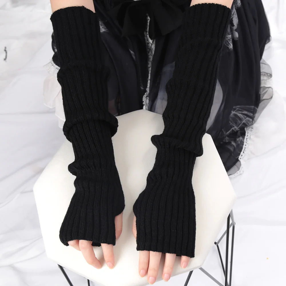 2024 New 52cm Women Knit Arm Sleeves Japanese White Black Goth Kawaii Long Fingerless Gloves for Girls Harajuku Accessories