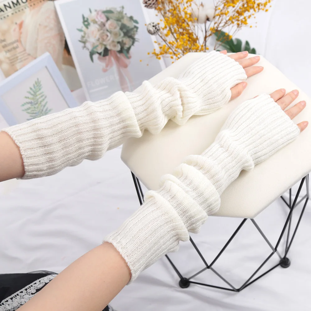 2024 New 52cm Women Knit Arm Sleeves Japanese White Black Goth Kawaii Long Fingerless Gloves for Girls Harajuku Accessories