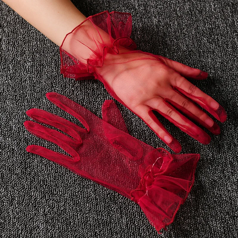 Women Short Tulle Gloves Sexy Lace Mittens Tulle Full Finger Gloves Lady Driving Glove Transparent Mittens Wedding Bridal Gloves