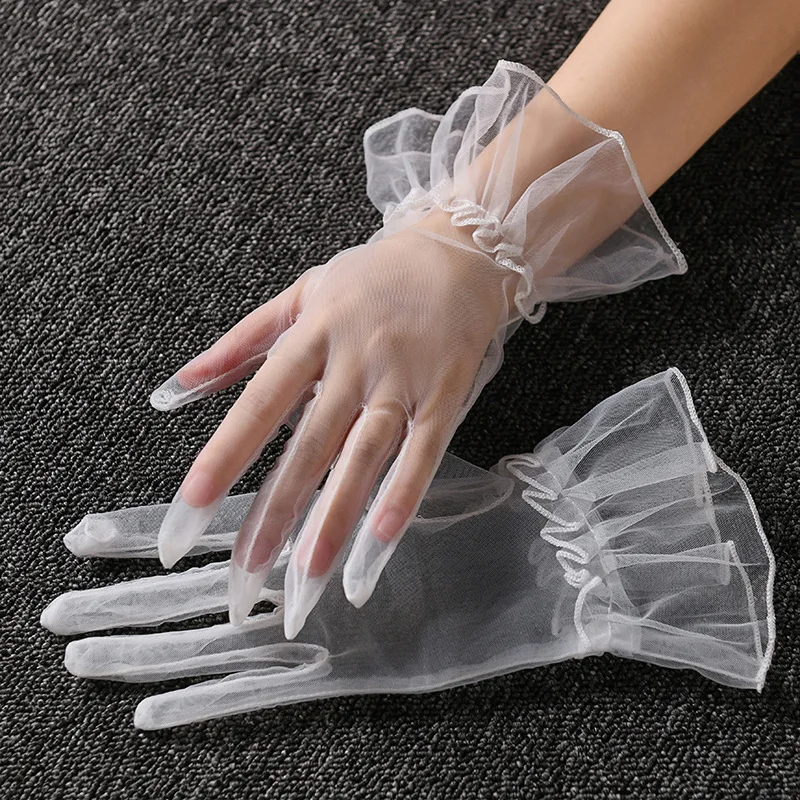 Women Short Tulle Gloves Sexy Lace Mittens Tulle Full Finger Gloves Lady Driving Glove Transparent Mittens Wedding Bridal Gloves