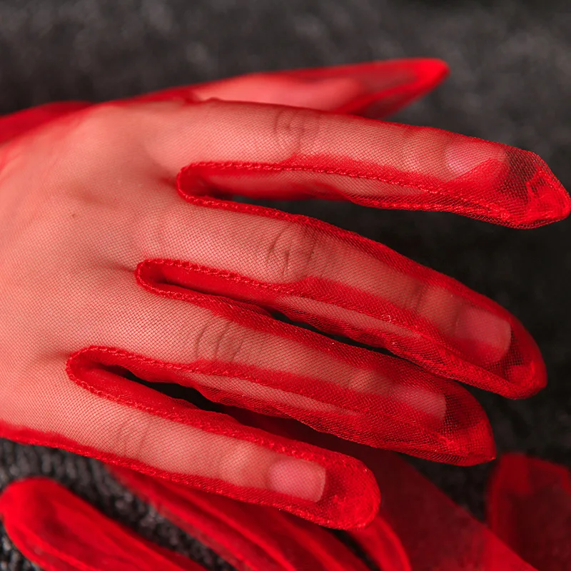 Women Short Tulle Gloves Sexy Lace Mittens Tulle Full Finger Gloves Lady Driving Glove Transparent Mittens Wedding Bridal Gloves