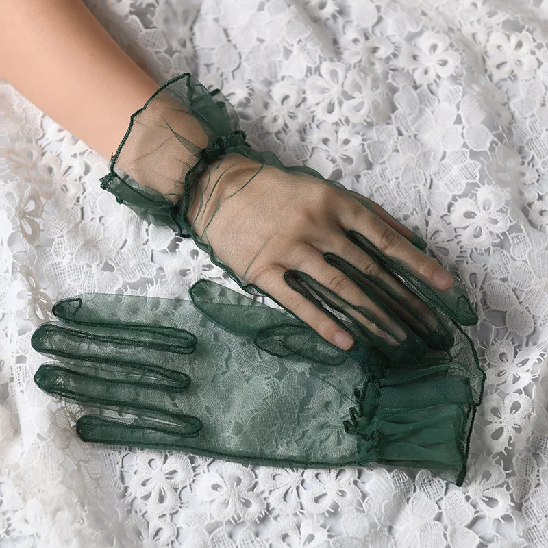 Women Short Tulle Gloves Sexy Lace Mittens Tulle Full Finger Gloves Lady Driving Glove Transparent Mittens Wedding Bridal Gloves