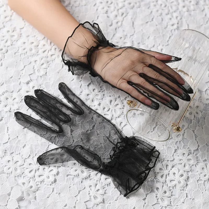 Women Short Tulle Gloves Sexy Lace Mittens Tulle Full Finger Gloves Lady Driving Glove Transparent Mittens Wedding Bridal Gloves