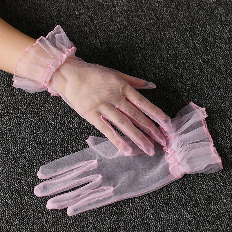 Women Short Tulle Gloves Sexy Lace Mittens Tulle Full Finger Gloves Lady Driving Glove Transparent Mittens Wedding Bridal Gloves