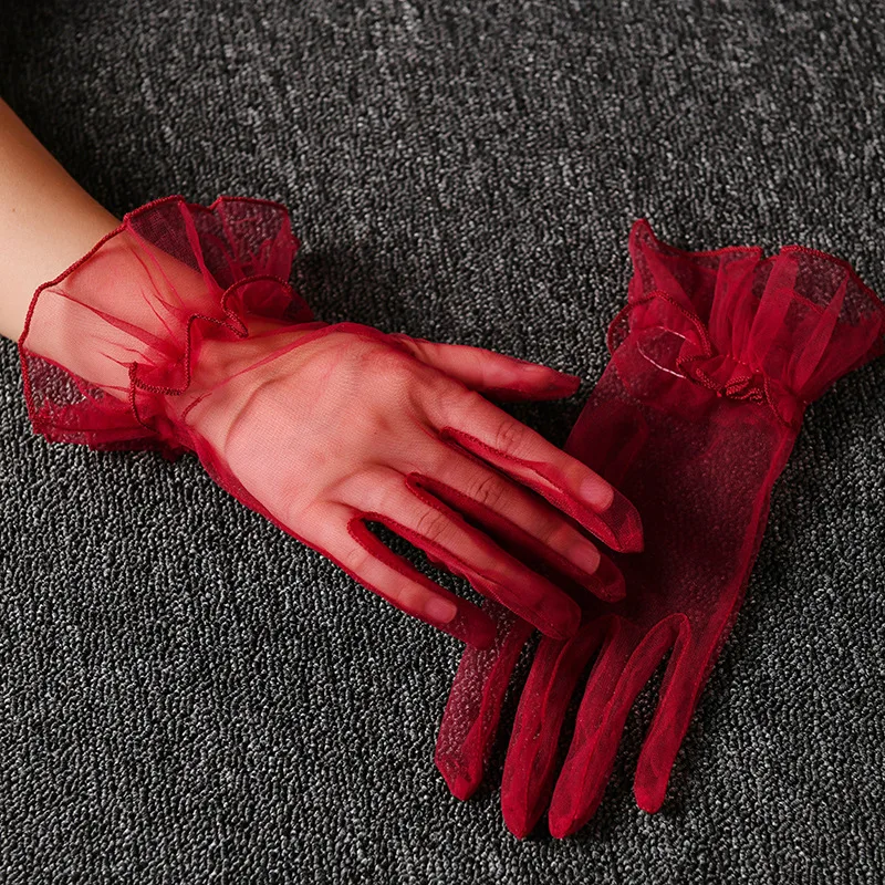Women Short Tulle Gloves Sexy Lace Mittens Tulle Full Finger Gloves Lady Driving Glove Transparent Mittens Wedding Bridal Gloves