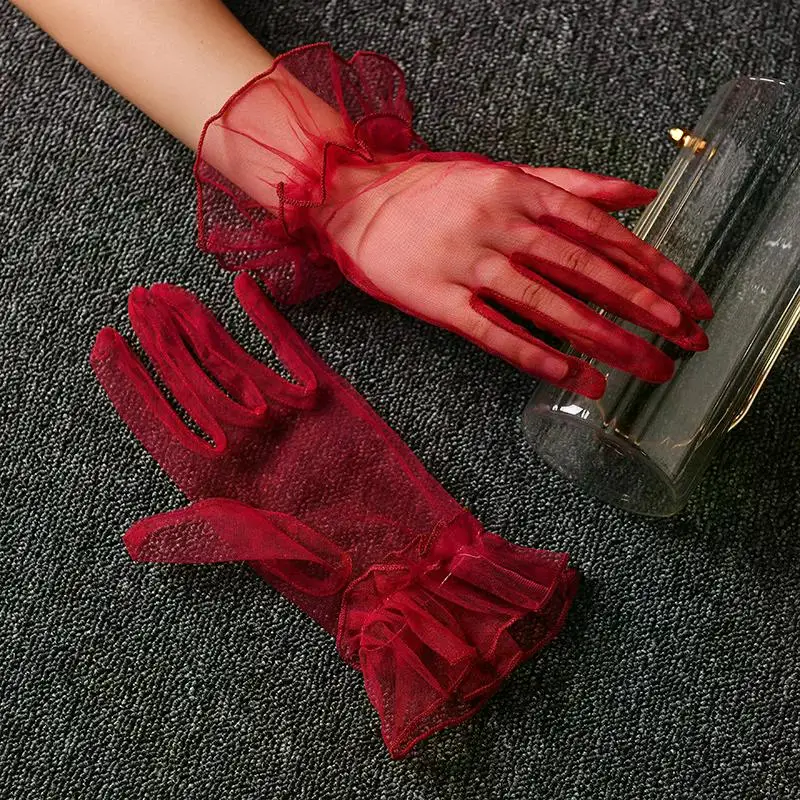 Women Short Tulle Gloves Sexy Lace Mittens Tulle Full Finger Gloves Lady Driving Glove Transparent Mittens Wedding Bridal Gloves