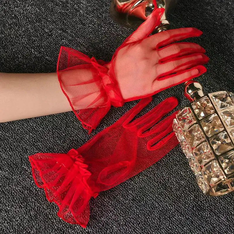 Women Short Tulle Gloves Sexy Lace Mittens Tulle Full Finger Gloves Lady Driving Glove Transparent Mittens Wedding Bridal Gloves