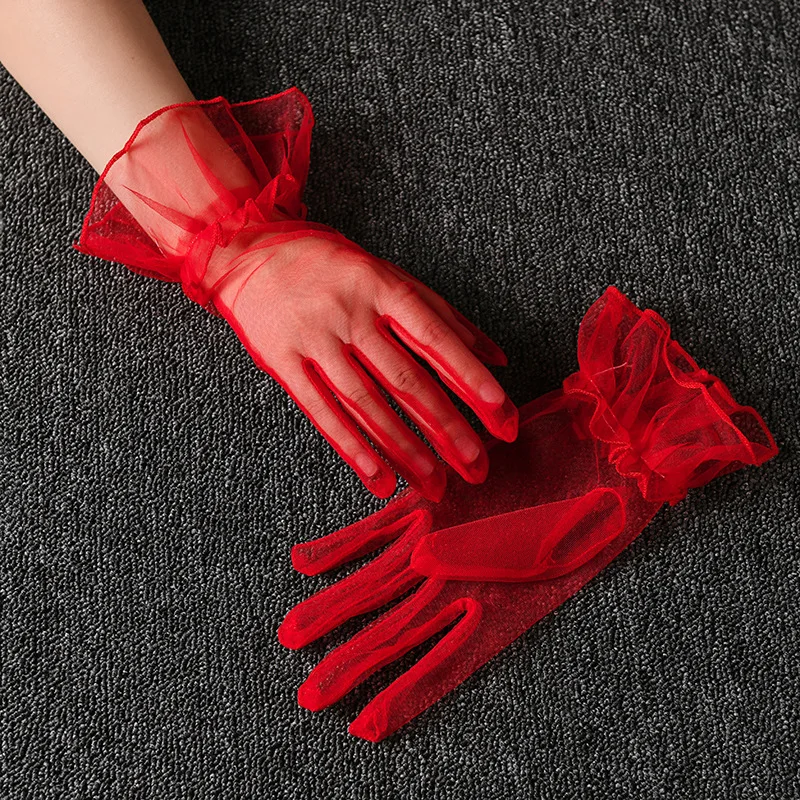 Women Short Tulle Gloves Sexy Lace Mittens Tulle Full Finger Gloves Lady Driving Glove Transparent Mittens Wedding Bridal Gloves