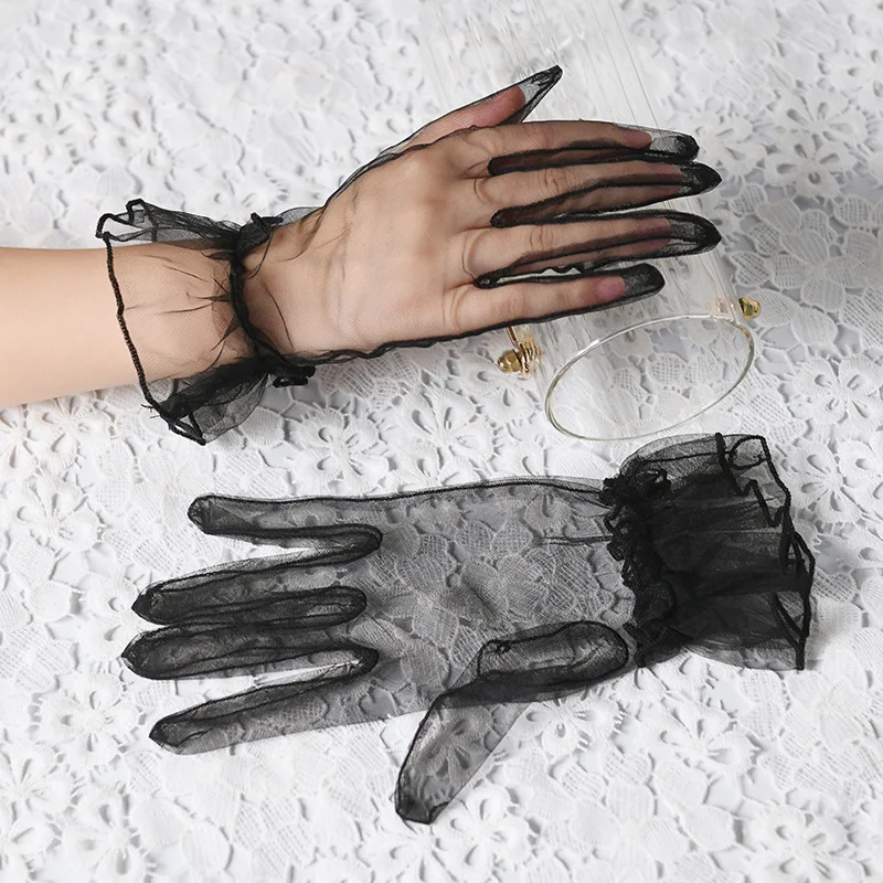 Women Short Tulle Gloves Sexy Lace Mittens Tulle Full Finger Gloves Lady Driving Glove Transparent Mittens Wedding Bridal Gloves