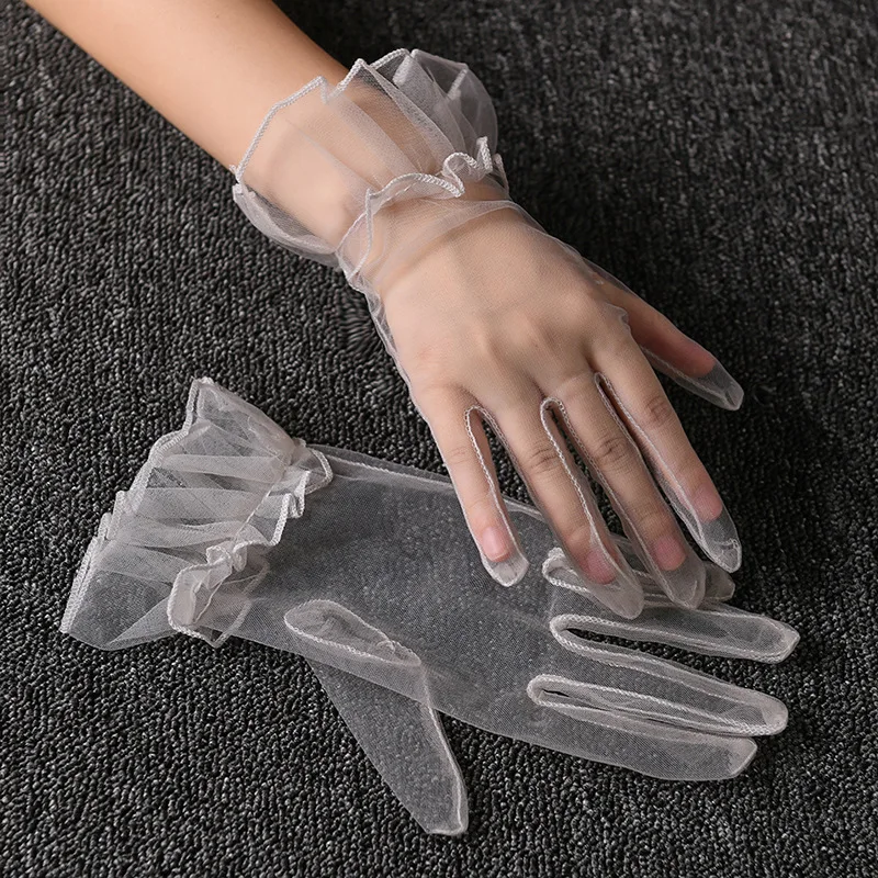 Women Short Tulle Gloves Sexy Lace Mittens Tulle Full Finger Gloves Lady Driving Glove Transparent Mittens Wedding Bridal Gloves