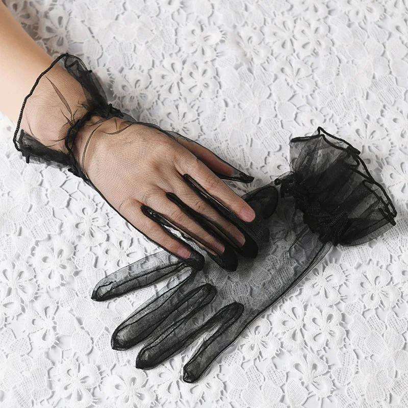Women Short Tulle Gloves Sexy Lace Mittens Tulle Full Finger Gloves Lady Driving Glove Transparent Mittens Wedding Bridal Gloves