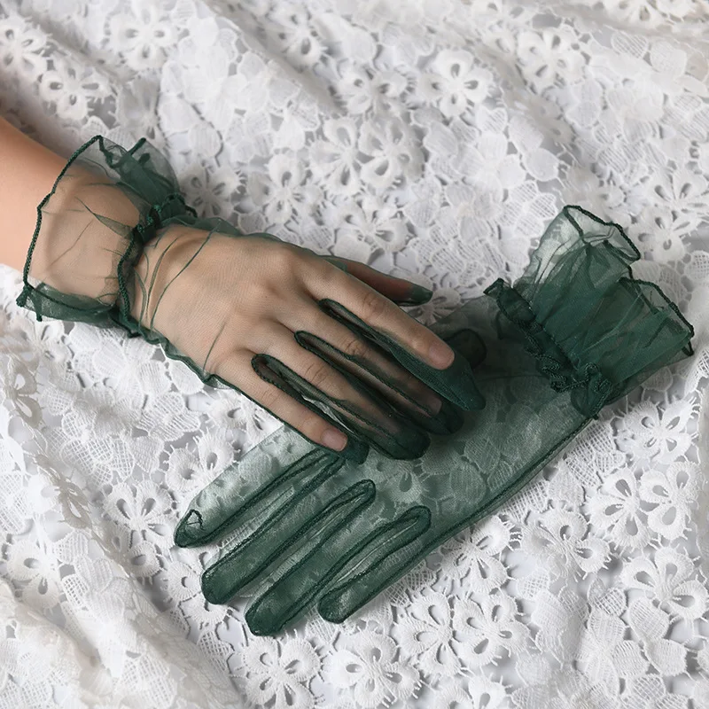 Women Short Tulle Gloves Sexy Lace Mittens Tulle Full Finger Gloves Lady Driving Glove Transparent Mittens Wedding Bridal Gloves