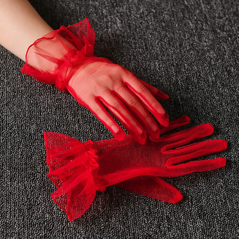Women Short Tulle Gloves Sexy Lace Mittens Tulle Full Finger Gloves Lady Driving Glove Transparent Mittens Wedding Bridal Gloves