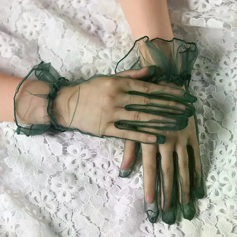 Women Short Tulle Gloves Sexy Lace Mittens Tulle Full Finger Gloves Lady Driving Glove Transparent Mittens Wedding Bridal Gloves