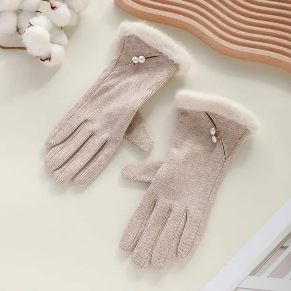 Faux Pearl Gloves Winter Gloves for Women Touch Screen Windproof Thermal Knitted Gloves with Fluffy Fur Trim Warm Weather
