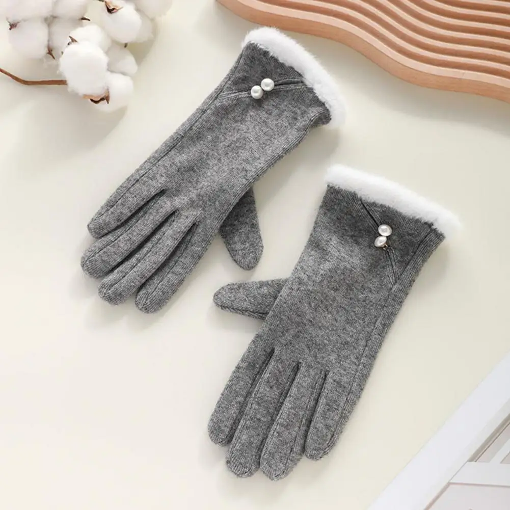 Faux Pearl Gloves Winter Gloves for Women Touch Screen Windproof Thermal Knitted Gloves with Fluffy Fur Trim Warm Weather