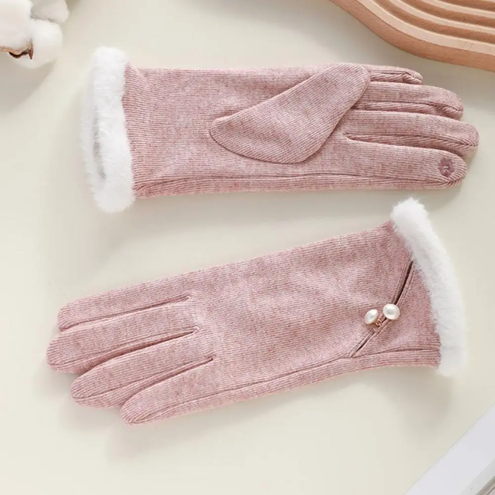 Faux Pearl Gloves Winter Gloves for Women Touch Screen Windproof Thermal Knitted Gloves with Fluffy Fur Trim Warm Weather