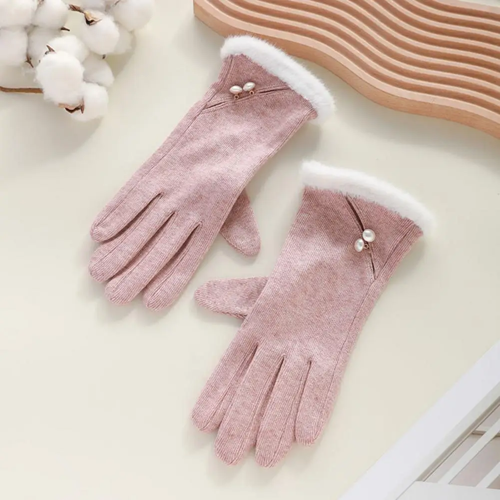 Faux Pearl Gloves Winter Gloves for Women Touch Screen Windproof Thermal Knitted Gloves with Fluffy Fur Trim Warm Weather