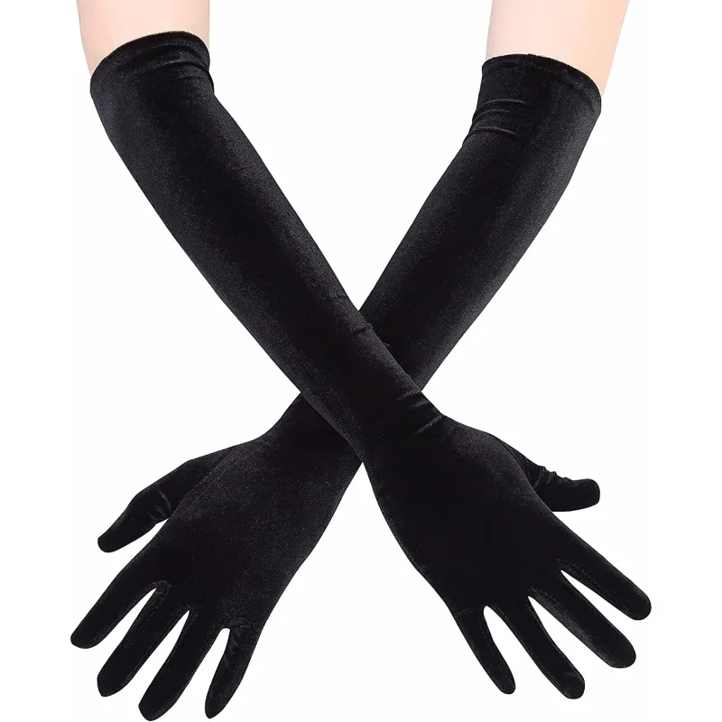 White Sapphire Blue 53CM Women Golden Velvet Long Autumn Winter Warm Evening Dress Etiquette Gloves Retro Banquet Elasticity