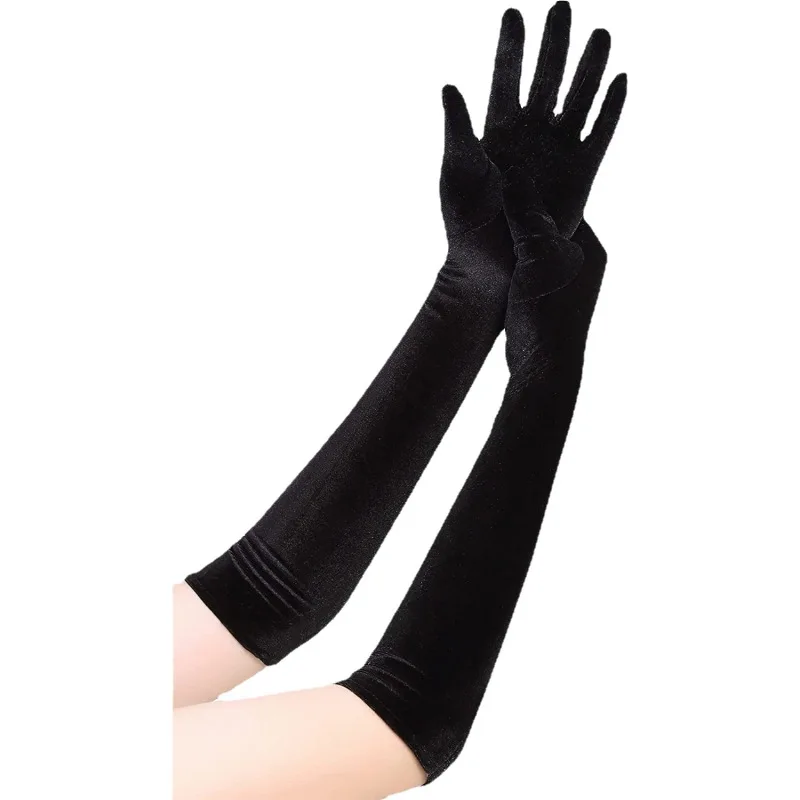White Sapphire Blue 53CM Women Golden Velvet Long Autumn Winter Warm Evening Dress Etiquette Gloves Retro Banquet Elasticity