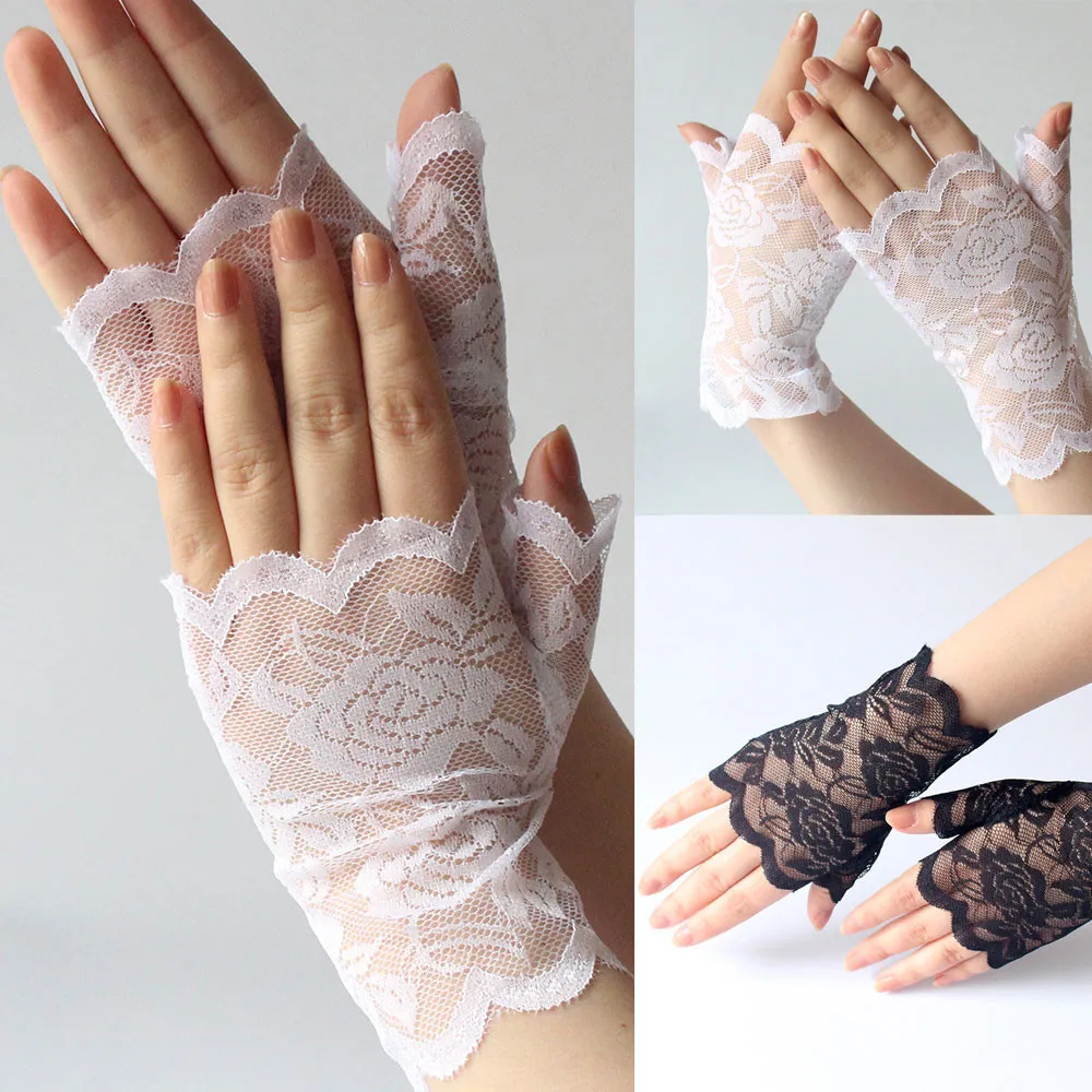 Hot Short Lace Gloves Ladies Adult Vintage Fingerless Black White Night Club Party Short Gloves Hollow Out Sun Protection Mitten